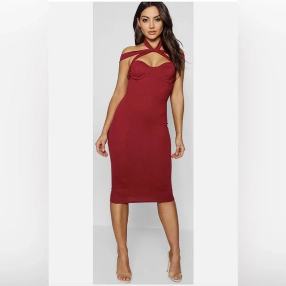 BOOHOO STRAPY TOP DETAIL MIDI BODYCON DRESS/ BURGUNDY SIZE UK 8 / US M Brand New - Picture 2 of 2